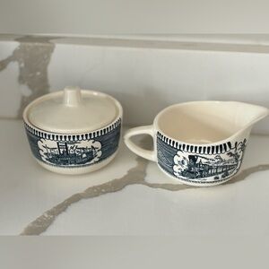 Vintage Currier & Ives Blue and White Sugar & Creamer Bowl Set